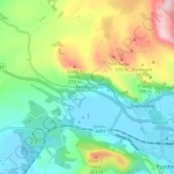 Penmorfa地形图、海拔、地势