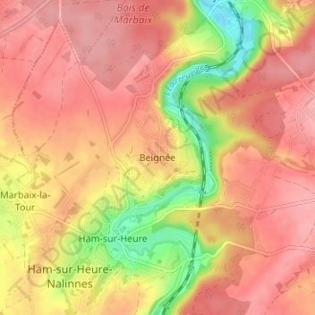 Beignée地形图、海拔、地势
