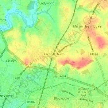 Fernhill Heath地形图、海拔、地势