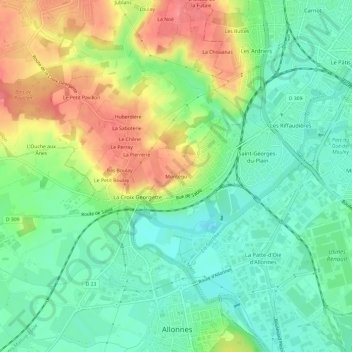 Montégu地形图、海拔、地势
