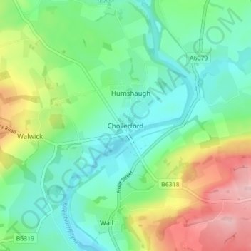 Chollerford地形图、海拔、地势