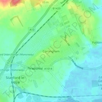 Corringham地形图、海拔、地势