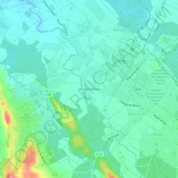 Mourenx Bourg地形图、海拔、地势