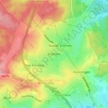 Emmels地形图、海拔、地势