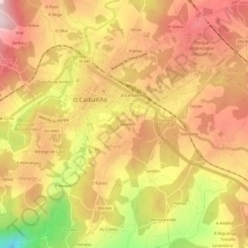 O Tellado地形图、海拔、地势
