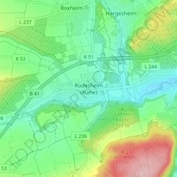 Rüdesheim (Nahe)地形图、海拔、地势