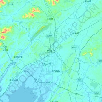 钦北区地形图、海拔、地势