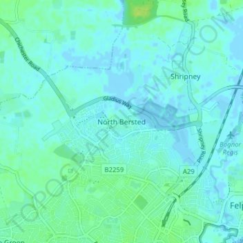 North Bersted地形图、海拔、地势