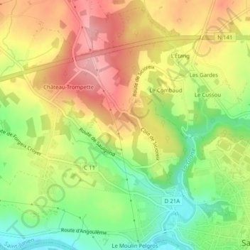 Les Pieds Bots地形图、海拔、地势