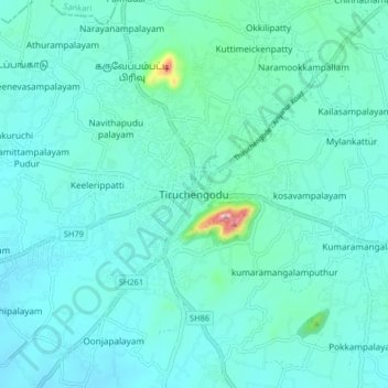 Tiruchengodu地形图、海拔、地势