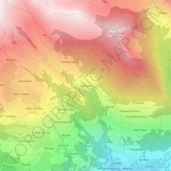 Verrogne地形图、海拔、地势