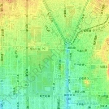 京都市立学校・幼稚園　名木百選選定樹木地形图、海拔、地势