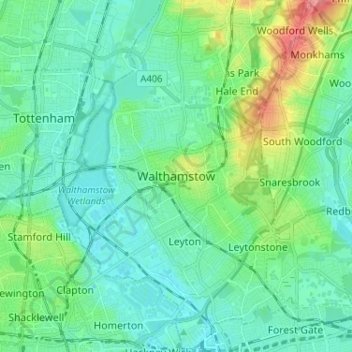 Walthamstow地形图、海拔、地势