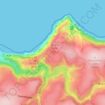 Countisbury地形图、海拔、地势