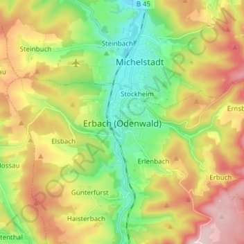 Erbach (Odenwald)地形图、海拔、地势