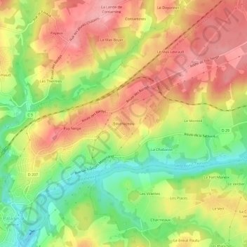 Bournazeau地形图、海拔、地势
