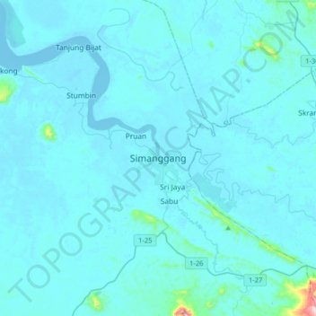 Simanggang地形图、海拔、地势