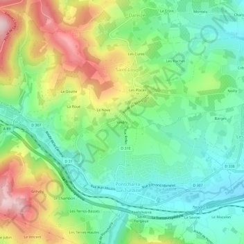 Vindry地形图、海拔、地势