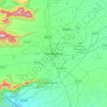 Coimbatore地形图、海拔、地势