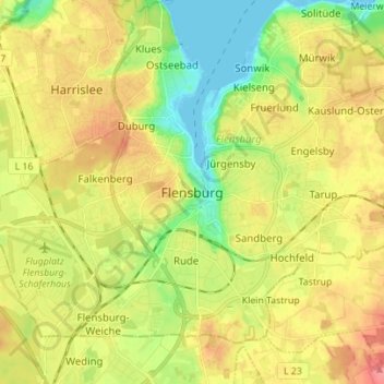 Flensburg地形图、海拔、地势