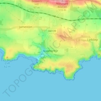 Manorbier地形图、海拔、地势