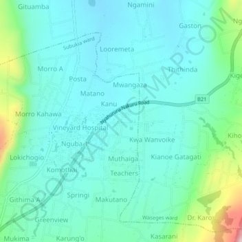 Kinyona地形图、海拔、地势