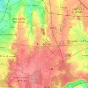 Anderlues地形图、海拔、地势