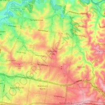 Doncaster East地形图、海拔、地势