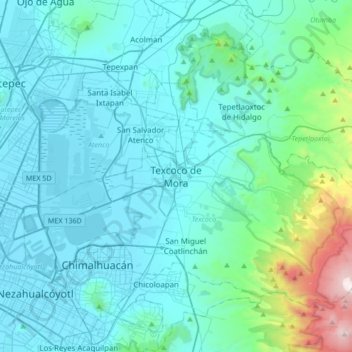 Texcoco de Mora地形图、海拔、地势