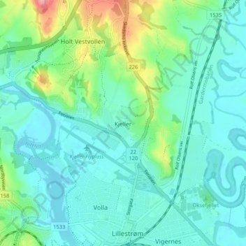 Kjeller地形图、海拔、地势