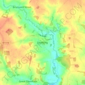Sweffling地形图、海拔、地势