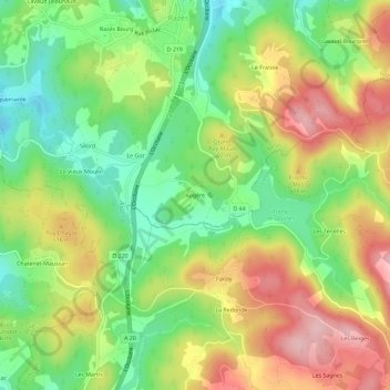 Augère地形图、海拔、地势