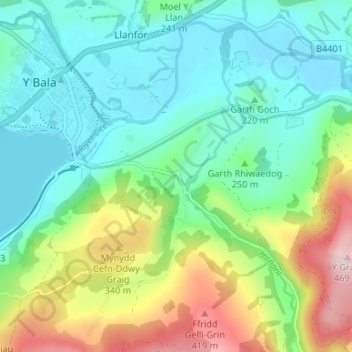 Rhos-y-gwaliau地形图、海拔、地势