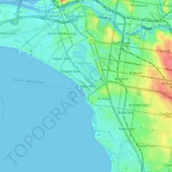 St Kilda West地形图、海拔、地势