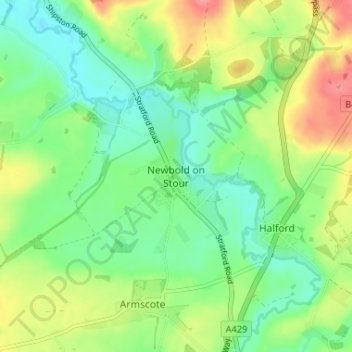 Newbold on Stour地形图、海拔、地势