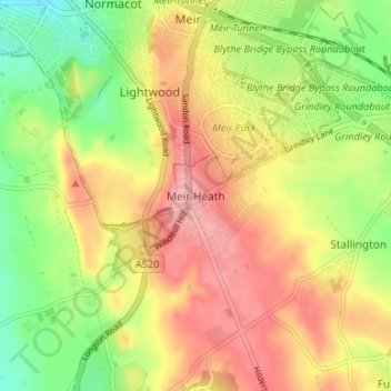 Meir Heath地形图、海拔、地势