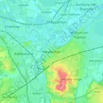 Weybridge地形图、海拔、地势