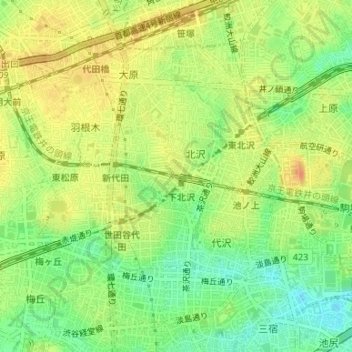 下北沢地形图、海拔、地势