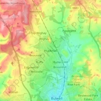 Hucknall地形图、海拔、地势
