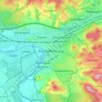 Aschaffenburg地形图、海拔、地势