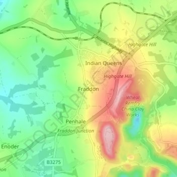 Fraddon地形图、海拔、地势