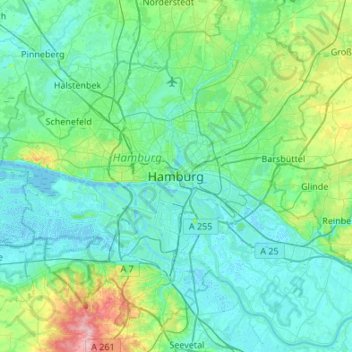 Hamburg地形图、海拔、地势
