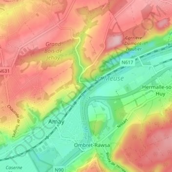Flône地形图、海拔、地势