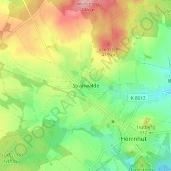 Strahwalde地形图、海拔、地势