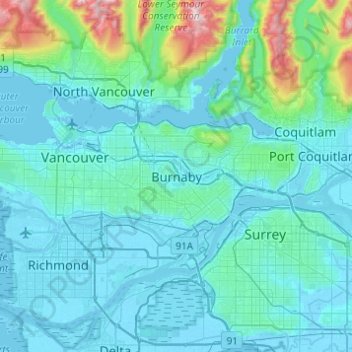 Burnaby地形图、海拔、地势