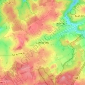 Compogne地形图、海拔、地势