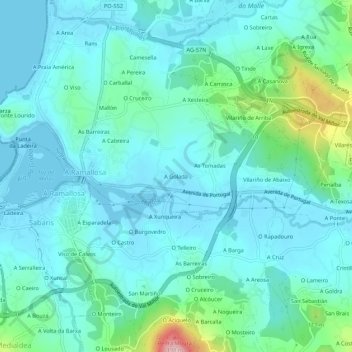 A Golada地形图、海拔、地势