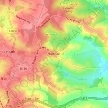 Northaw地形图、海拔、地势