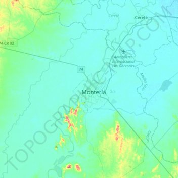 Montería地形图、海拔、地势