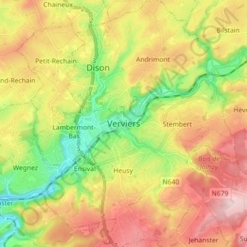 Verviers地形图、海拔、地势